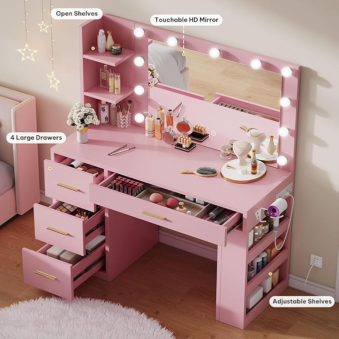 DWVO Vanity Desk with Mirror, Hollywood Lighted Makeup Mirror with 3 Lighting Modes, Power Outlets, Hairdryer Holder, Vanity Table with Ample Storage for Bedroom, Bathroom, Pink