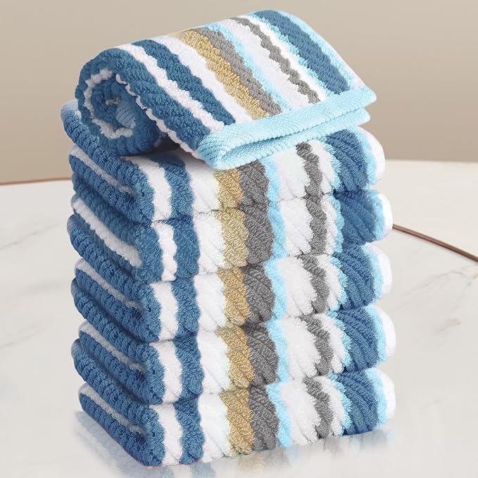 VOOVA & MOVAS Striped Towels Set, 6PC Bathroom Towels - 100% Cotton | Quick Dry | Soft | Absorbent, 13"x13" Wash Cloth, Luxury Towel Set for Guest, Blue+Gray+Beige Stripe