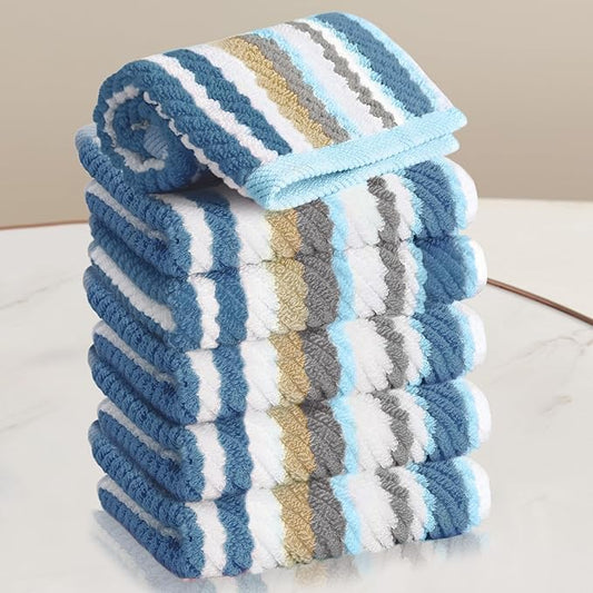 VOOVA & MOVAS Striped Towels Set, 6PC Bathroom Towels - 100% Cotton | Quick Dry | Soft | Absorbent, 13"x13" Wash Cloth, Luxury Towel Set for Guest, Blue+Gray+Beige Stripe