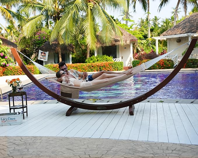 Lazy Daze Hammocks 11 FT Double Outside Hammock Quick Dry Olefin Fabric Hammock with Spreader Bar & Side Pocket for Outdoor Poolside Backyard 450 lbs Capacity, Khaki