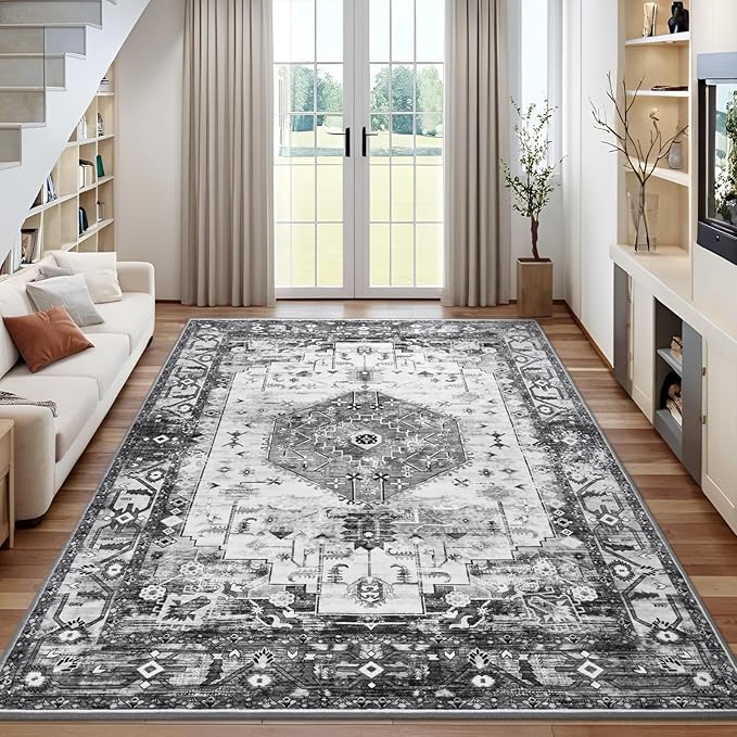 Washable Area Rugs for Living Room, Grey 4x6 Non Slip Vintage Floral Room Rug for Bedroom, Low Pile Indoor Carpet for Dining Room, Home Office, Kitchen, Dorm