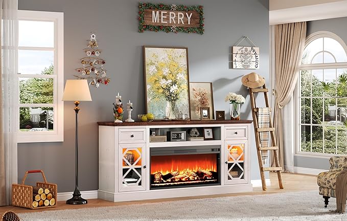 AMERLIFE Farmhouse Fireplace TV Stand with 37" Electric Fireplace for 80 Inch TVs, Large LED Media Entertainment Center with Drawers, 31" Tall Highboy TV Console Cabinet with Door, Living Room, White