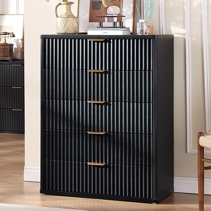 LEYAOYAO Fluted 5 Drawers Dresser for Bedroom Set of 2, 41" Tall Modern Chest of Drawers with Metal Handle, Curved Profile Design,Black Wood Drawer Organizer for Bedroom, Living Room, Hallway