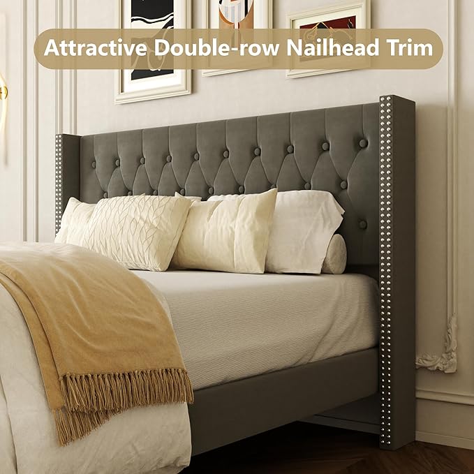 Full Size Bed Frame, Upholstered Platform Bed with Wingback Headboard, Velvet Button Tufted, Easy Assembly, No Box Spring Needed, Green