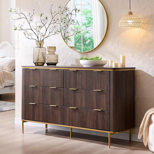 T4TREAM Fluted 6 Drawers Dresser for Bedroom, 54" Wide Modern Dresser TV Stand, Gold Accents, Fluted Fronts, Wood Storage Dressers Organizer for Bedroom, Living Room, (Dark Walnut)
