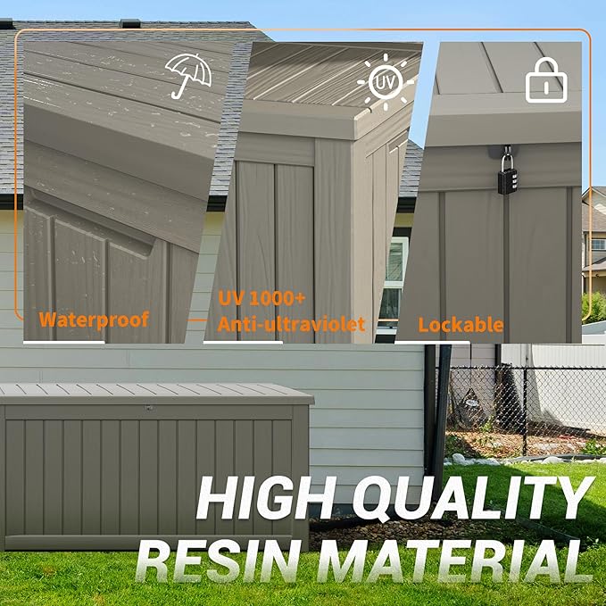 NUNU LAB 230 Gallon Large Resin Deck Box, Waterproof Outdoor Storage Box, Lockable Storage Bin for Patio Furniture, Garden Tools, Pool Accessories, UV-Resistant & All-Weather, Grey