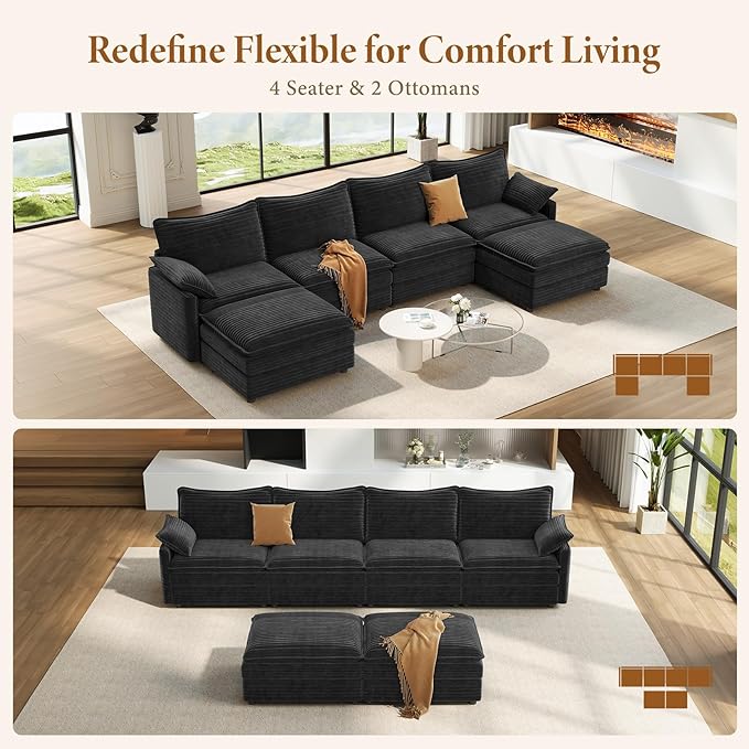 Vesgantti 142" U Shaped Sectional Couch, Comfy Cloud Modular Sectional Sofa with 2 Ottoman Deep Seat Corduroy Modern Cloud Sofa, Modular Sofas for Living Room, Bedroom and Apartment, Gray