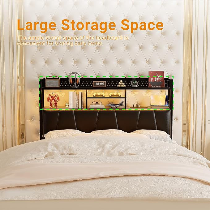 Unikito Headboard for Full Size Bed Frame, Upholstered Head Board with Outlets, USB Ports and LED Light, Comfortable Leather Headboards with Storage Shelf, Sturdy Full Bed Headboard Only, Black