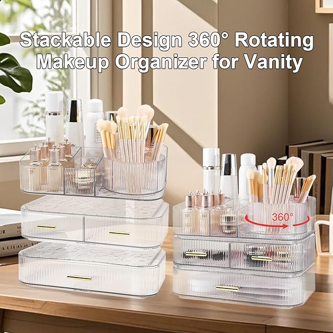 DASITON Makeup Organizer with Drawers and Rotating Makeup Brush Holder,Large Capacity Stackable Cosmetic Organizer Countertop,Bathroom Organizers and Storage,Make up Organizers for Vanity (Clear 03)