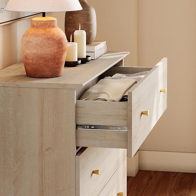 WAMPAT TV Stand Dresser for 32+ Inches TVs, Wood Media Console Table with 3 Drawers, Modern Highboy Entertainment Center with Storage for Living Room Bedroom, Natural Oak