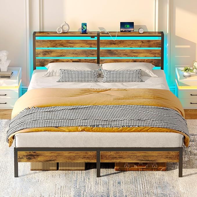 Rolanstar Bed Frame King Size with USB Charging Station, LED Bed Frame with Wood Storage Headboard, Rustic Brown Metal Platform Bed with Under Bed Storage, No Box Spring Needed, Noise Free
