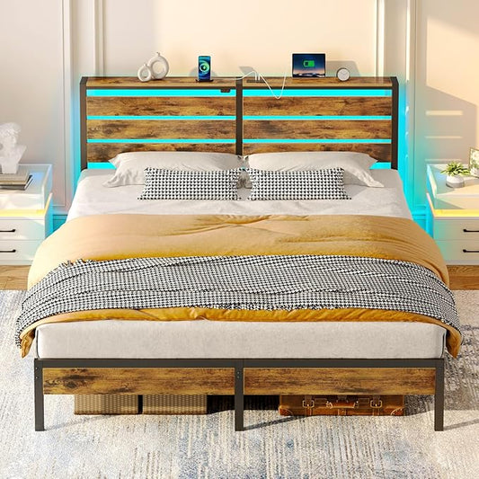 Rolanstar Bed Frame King Size with USB Charging Station, LED Bed Frame with Wood Storage Headboard, Rustic Brown Metal Platform Bed with Under Bed Storage, No Box Spring Needed, Noise Free