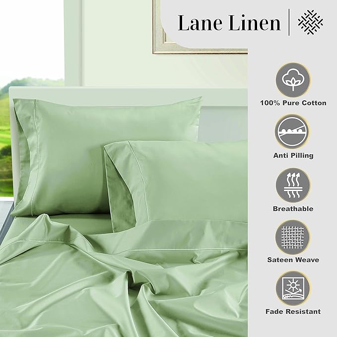 LANE LINEN Pillow Case Covers King Set of 2 100% Egyptian Cotton Sateen Soft Cool & Smooth 1000 Thread Count Cases - Mineral