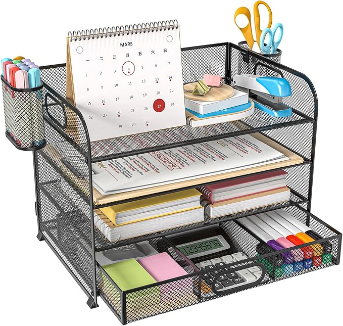 Desk Organizer and Accessories，4-tier Paper Letter Tray Organizer, Desk File Organizer with Drawers and 2 Pen Holders for School and Home Office Supplies (black)