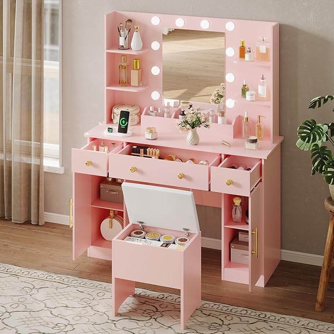 Vanity Desk with Mirror and Lights,Pink Makeup Vanity with Charging Station & Vanity Stool, 3 Drawers and Cabinets White Vanity Mirror with RGB LED Lights Vanity Desk and Chair for Women