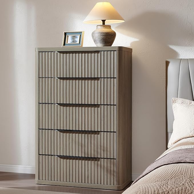 SICOTAS Dresser for Bedroom - Tall Dressers & Chests of Drawers with 5 Drawers Large Modern Dresser for Closet Fluted Wide TV Stand Clothes Closet Storage for Bedroom Hallway Entryway, Grey Alder