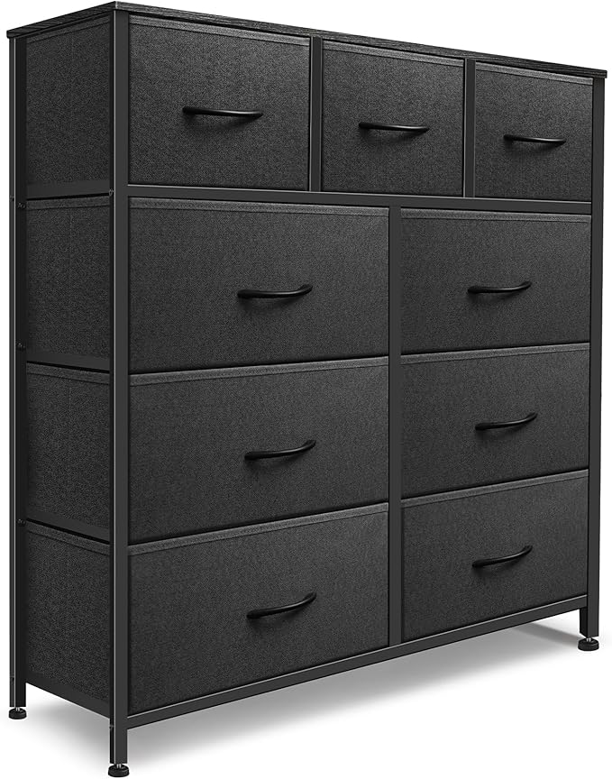 Dresser for Bedroom with 9 Drawers, Chest of Drawers, Storage Drawers Organizer Unit, Black Wide Fabric Dresser with Fabric Bins for Closet, Living Room, Entryway (Charcoal Black)