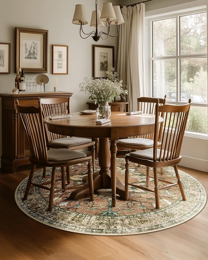 Area Rugs 6ft Washable Non-Slip, Floral Vintage Distress Print Pattern Medallion Carpet for Living Room Bedroom Dining Room, Brick Red Rust Neutral Brown Burnt Orange Green