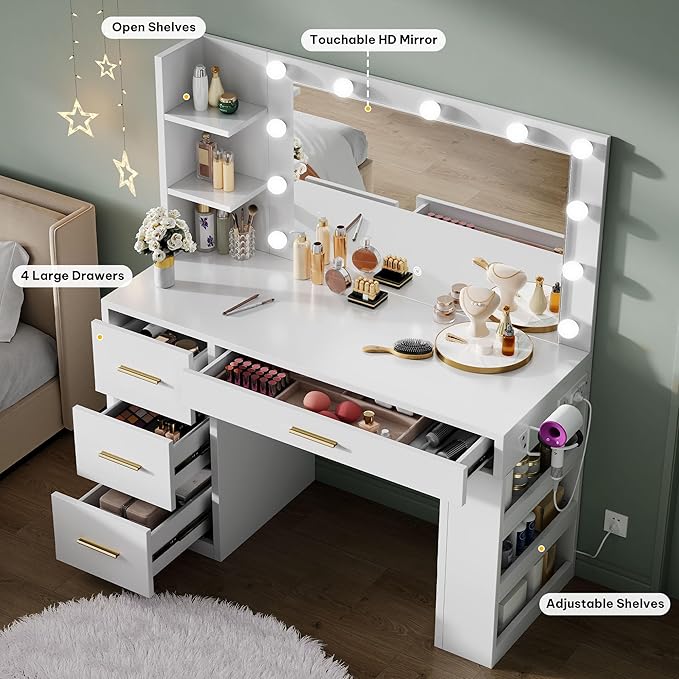 DWVO Makeup Vanity Desk with Mirror & Lights, 40inch Vanity Table with Power Outlets, 4 Drawers & 6 Open Storage Shelves, 3 Color Modes & Adjustable Brightness Dressing Table for Bedroom, White