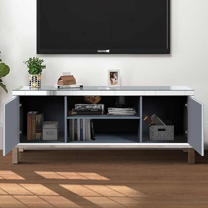 Goujxcy Mirrored TV Stand for 65+ inch TV,Sliver TV Console Table with Open Storage & 2 Storage Cabinets,Diamond Shape Mirror Doors for Living Room (A)