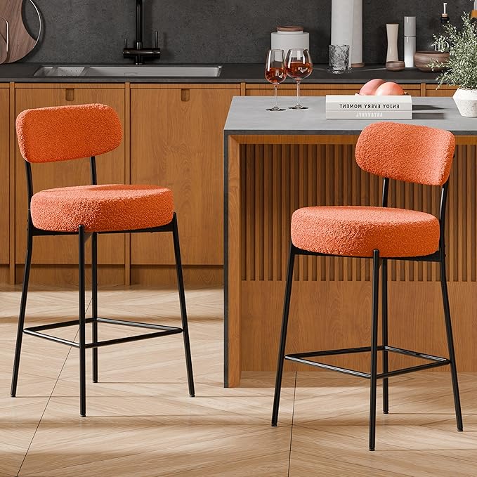 DYHOME Bar Stools Set of 2, 24 Inches Modern Counter Height Bar Stools with Curved Back Metal Legs, Orange Upholstered Boucle Barstools for Kitchen Island, Cafe