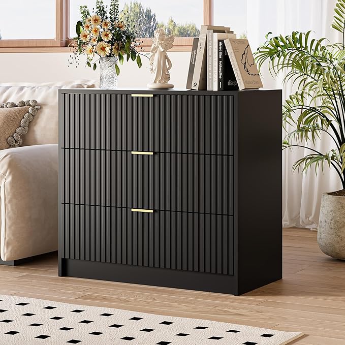 Black Fluted Dresser for Bedroom, 32 Inch Wide Nightstand with Large Drawer, 3 Drawer End Table for Bedroom, Living Rooms, Offices, and Entryways