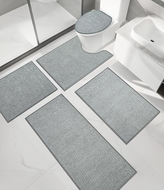chakme Bathroom Rug Sets 5 Piece, Ultra Thin Bath Mat Quick Dry Bath Mat Set, Absorbent Bath Mat for Bathroom Non Slip Machine Washable, (Light Grey, 5 Piece)