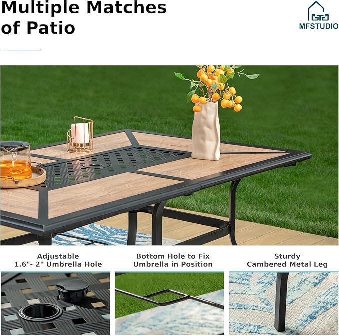 MFSTUDIO Outdoor Patio Dining Set for 6, Patio Table and Chairs Set with Umbrella Hole, Outdoor Patio Furniture Set for Deck, Backyard, Poolside & Garden