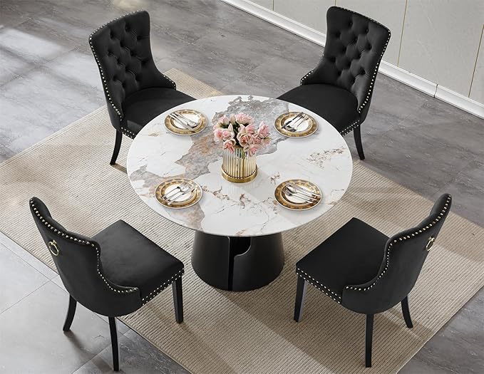 5-Piece Faux Marble Round Dining Table Set for 4, Modern Luxury Kitchen Table Set for 4 with Black Tufted Chairs,Circle Dining Tables with Pandora Grain Top and Black Pedestal Base