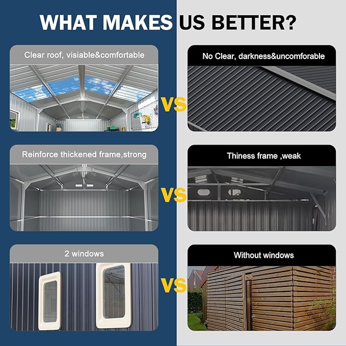 10x12 FT Metal Storage Shed with Floor Frame Extra Large Waterproof Storage House with Clear Roof Windows Air Vent for Garden Yard to Store Bikes,Lawnmower,Dark Grey