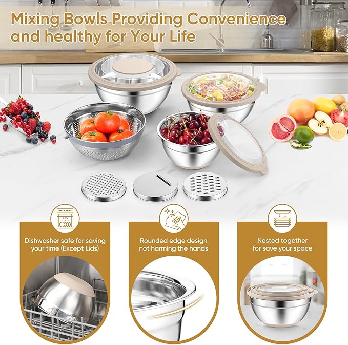 P&P CHEF Mixing Bowls with Lids Set of 3, Stainless Steel Mixing Bowl and Colander for Kitchen, 3 Grater Attachments & Non-Slip Bottoms, Visible & Airtight Lid, Khaki