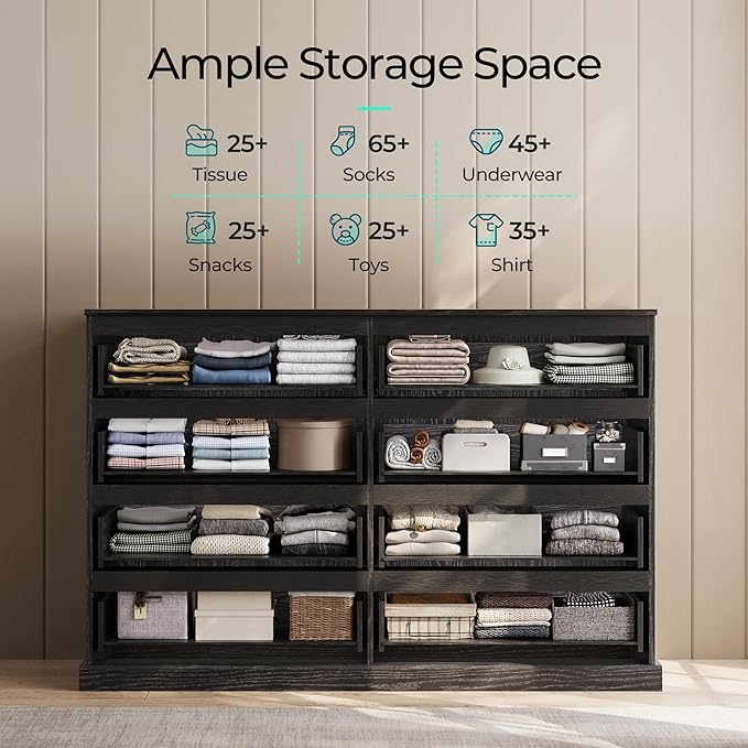 LINSY HOME 8 Drawer Dresser for Bedroom, 53" Wide Chest of Deep Drawers, Modern Farmhouse TV Stand Dressers with Storage, Large Drawer Organizer for Bedroom, Living Room, Handless Design, Black