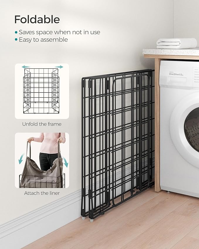 SONGMICS Laundry Hamper, 29 Gal. (110L) Laundry Basket, Collapsible Clothes Hamper, Removable and Washable Liner, Metal Wire Frame, for Bedroom Bathroom, Black and Camel Brown ULCB111N01