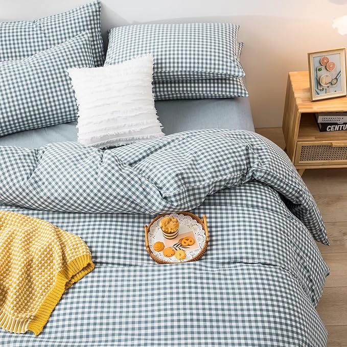 mixinni Blue Gingham Comforter Set Full, Plaid Comforter Set 3 Pieces 1 Blue Grid Comfoter with 2 Pillow Cases for All Seasons, Soft Fluffy Modern Grid Pattern Printed Bedding-Full Size