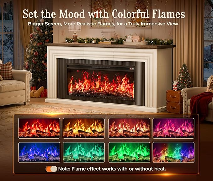 PRAISUN 70'' Fireplace TV Stand with 42'' Electric Fireplace, Farmhouse TV Stand for 65 75 Inch TV, Entertainment Center TV Console with 3 Drawers, Fluted Design, for Living Room, Distressed White