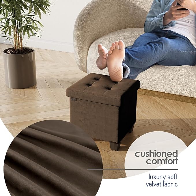 STORAGEBUD Storage Ottoman Cube with Small Bin, 15-in Square Ottoman with Storage for Living Room and Bedroom, Small Ottomans Foot Rest, Velvet Foot Stools Ottomans Max 330lbs, Brown