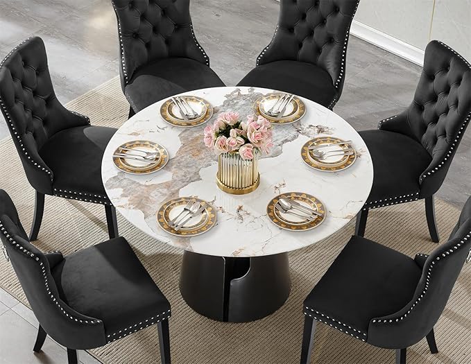 7-Piece Faux Marble Round Dining Table Set for 6, Modern Luxury Kitchen Table Set for 6 with Black Tufted Chairs,Circle Dining Tables with Pandora Grain Top and Black Pedestal Base
