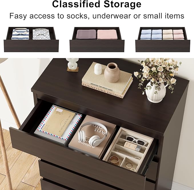 Modern Brown 5 Drawer Dresser for Bedroom, Simply Chest of Drawers, Wood Storage Dresser with Deep Drawers for Living Room Hallway Entryway, Brown