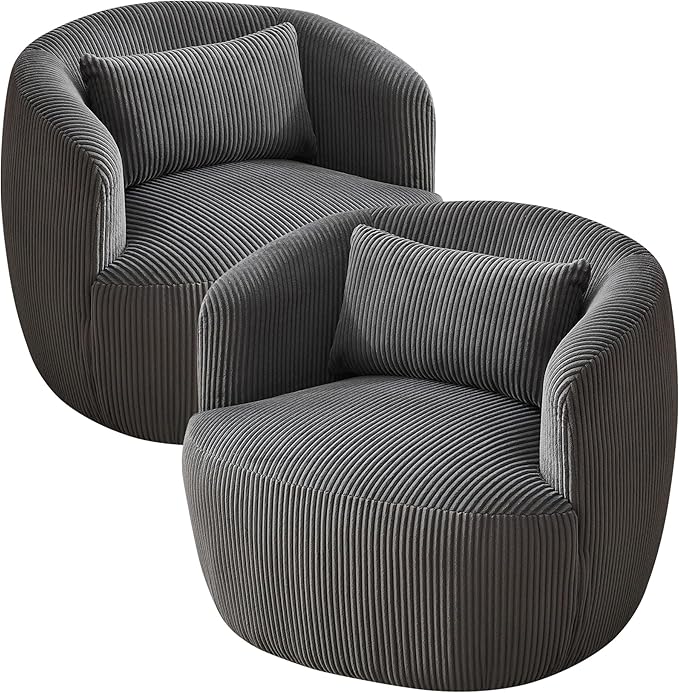 Aoiy & Wifon 34.25" W Swivel Barrel Chair Set of 2, Upholstered Round Small Accent Chair, Single Comfy Barrel Chair for Living Room, Corduroy, Charcoal