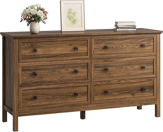 CARPETNAL 55" Walnut Dresser for Bedroom, 6 Drawer Dresser with Wide Drawer and Metal Handles, Wood Dressers & Chests of Drawers for Hallway, Entryway.