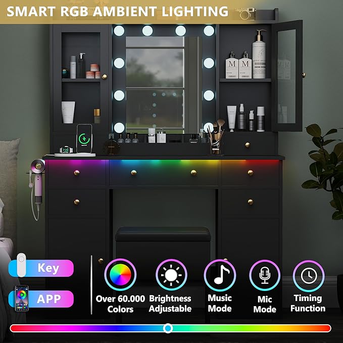 Makeup Vanity Desk with Mirror & LED Lights, Storage Drawers, Charging Station, Cabinets & Stool, Large Dressing Table with RGB Ambient Lighting for Bedroom & Vanity Room