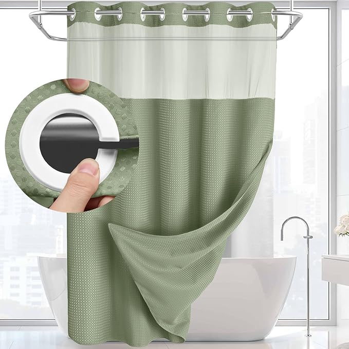 YellyHommy No Hook Shower Curtain with Snap in Liner Set Less Time Waffle Shower Curtain for Bathroom 75" L x 72" W Sage Green