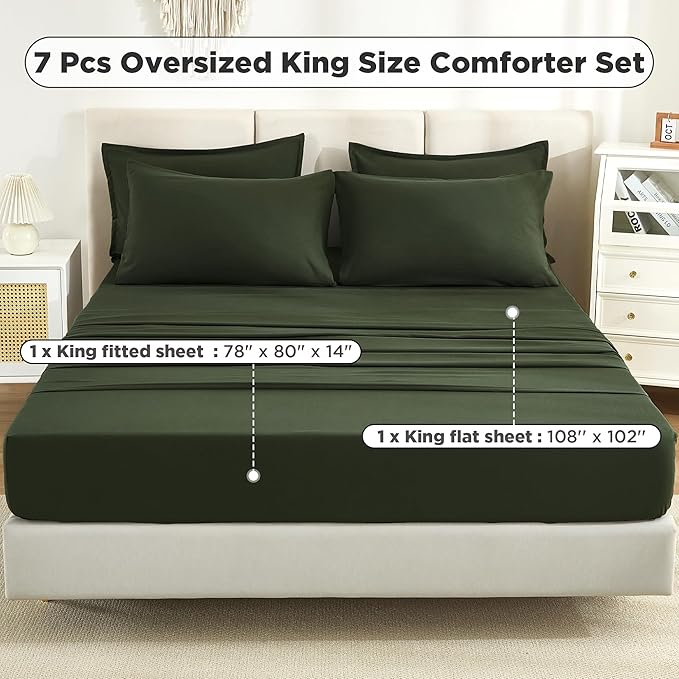 Litanika Oversized King Comforter Sets Olive Green - 7 Pieces Bed in a Bag Oversized King Bedding Comforter Sets, Solid Lightweight Bed Set with Comforter, Sheets, Pillowcases & Shams