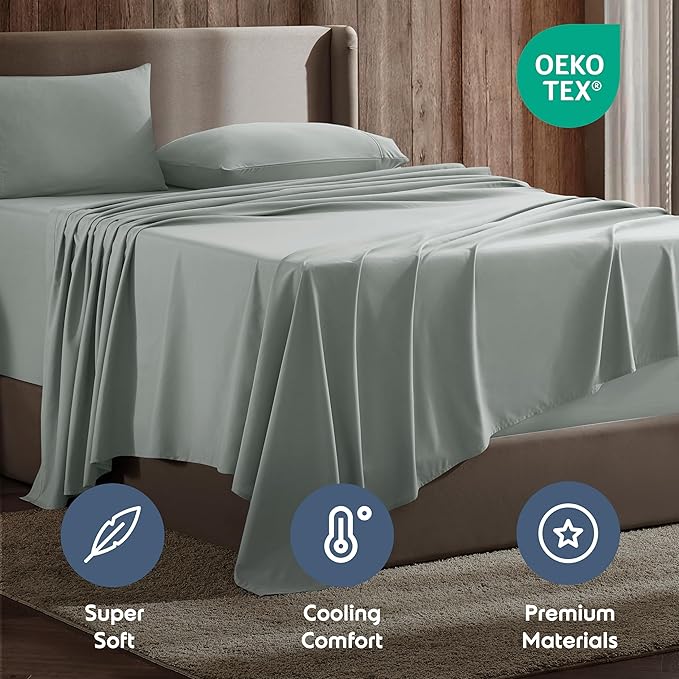 Nestl Split King Sheet Set - 1800 Ultra-Soft Microfiber Bed Sheets - Double Brushed - Deep Pockets - Easy Fit - 5 Piece Set - Bed Sheets & Pillowcases (Split King, Sage Green)