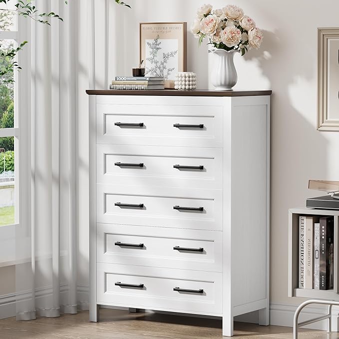 JUMMICO White Dresser Tall for Bedroom,Wooden 5 Drawer Dresser for Nursery,Chest of Drawers for Bedroom, Closet Storage Organizer for Living Room, Hallway, Closet (Brown&White)