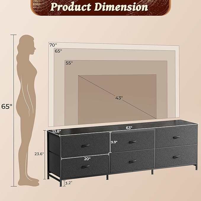 Huuger 63 Inch Long Dresser for Bedroom, Wide TV Stand for 55, 65, 70 Inch TV, 6 Drawer Dresser for Closet with Fabric Drawers, Storage Organizer for Bedroom, Entryway, Black