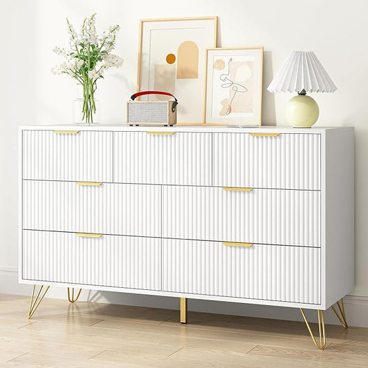 White Dresser for Bedroom, 7 Drawers Dresser with Golden Handles, Modern Wood Chest for Living Room, Hallway, Entryway