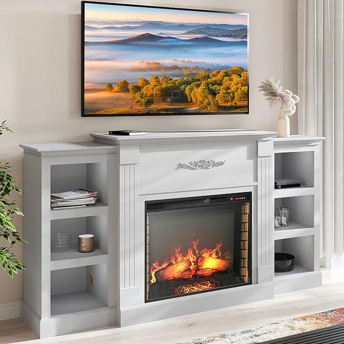 BELLEZE Modern 70" Electric Fireplace Heater Mantel TV Stand & Media Entertainment Center for TVs up to 68" with Energy-Efficient Heater with Sound and Side Book Shelves - Lenore (White)