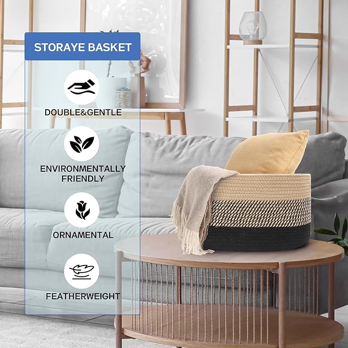 4 Pack Woven Storage Baskets for Organizing - Cotton Rope Baskets for Closet, Toys, Books, Towels, Durable Storage Bins for Shelves, Living Room, Bedroom, 14.76''Lx9.84''Wx8.86''H (Brown, 13")