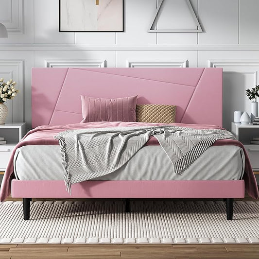 Queen Size Bed Frame, Queen Platform Bed Frame with Velvet Upholstered Headboard, Geometric Pattern, Sturdy Frame and Slats, Noiseless, No Springs Required, Easy to Assemble，Pink